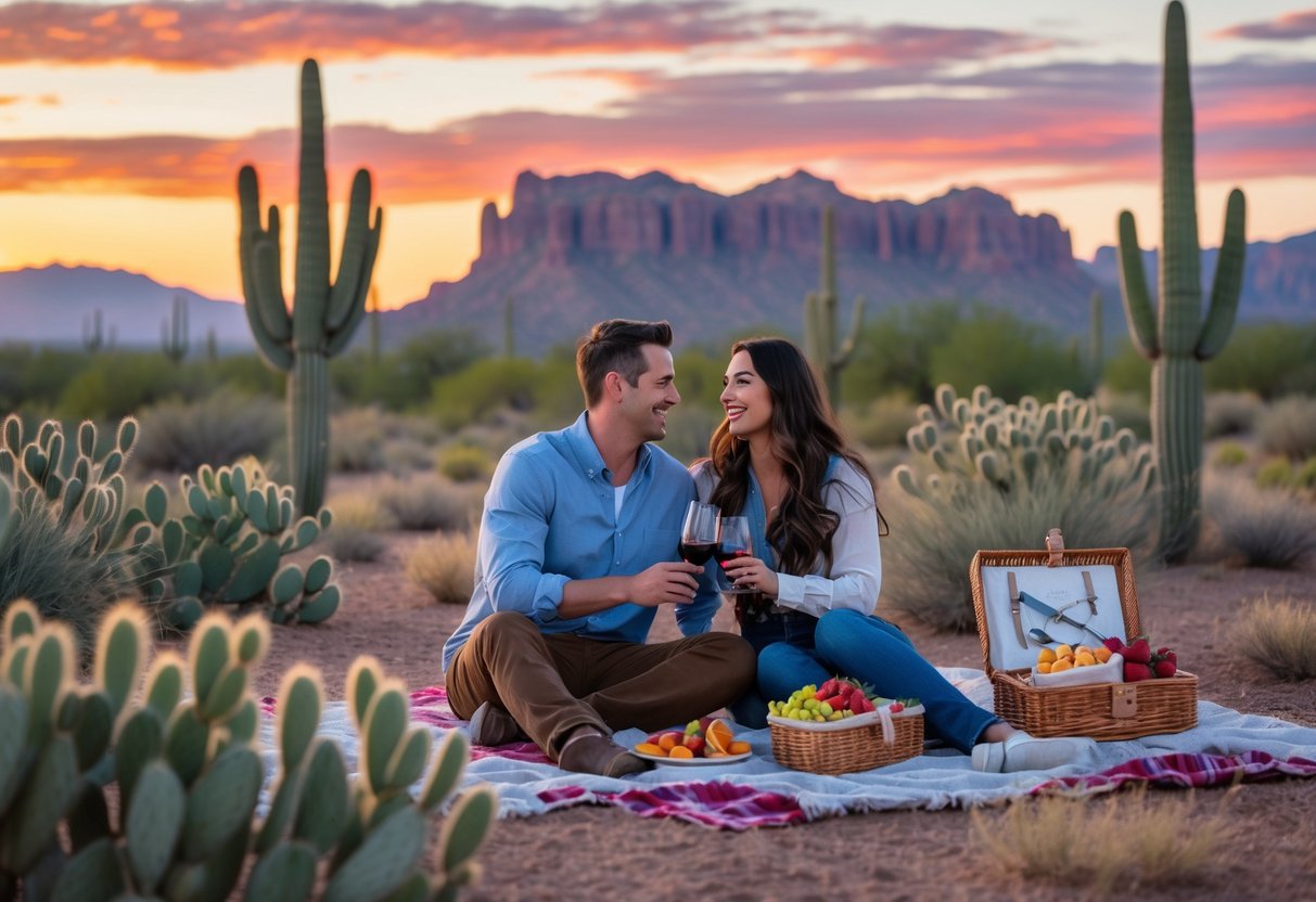 A young couple enjoying a sunset picnic in a desert park with red rock formations in the background.