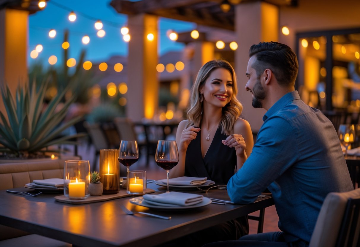 A couple enjoying a romantic dinner at an outdoor restaurant with warm lighting and desert-themed decor.