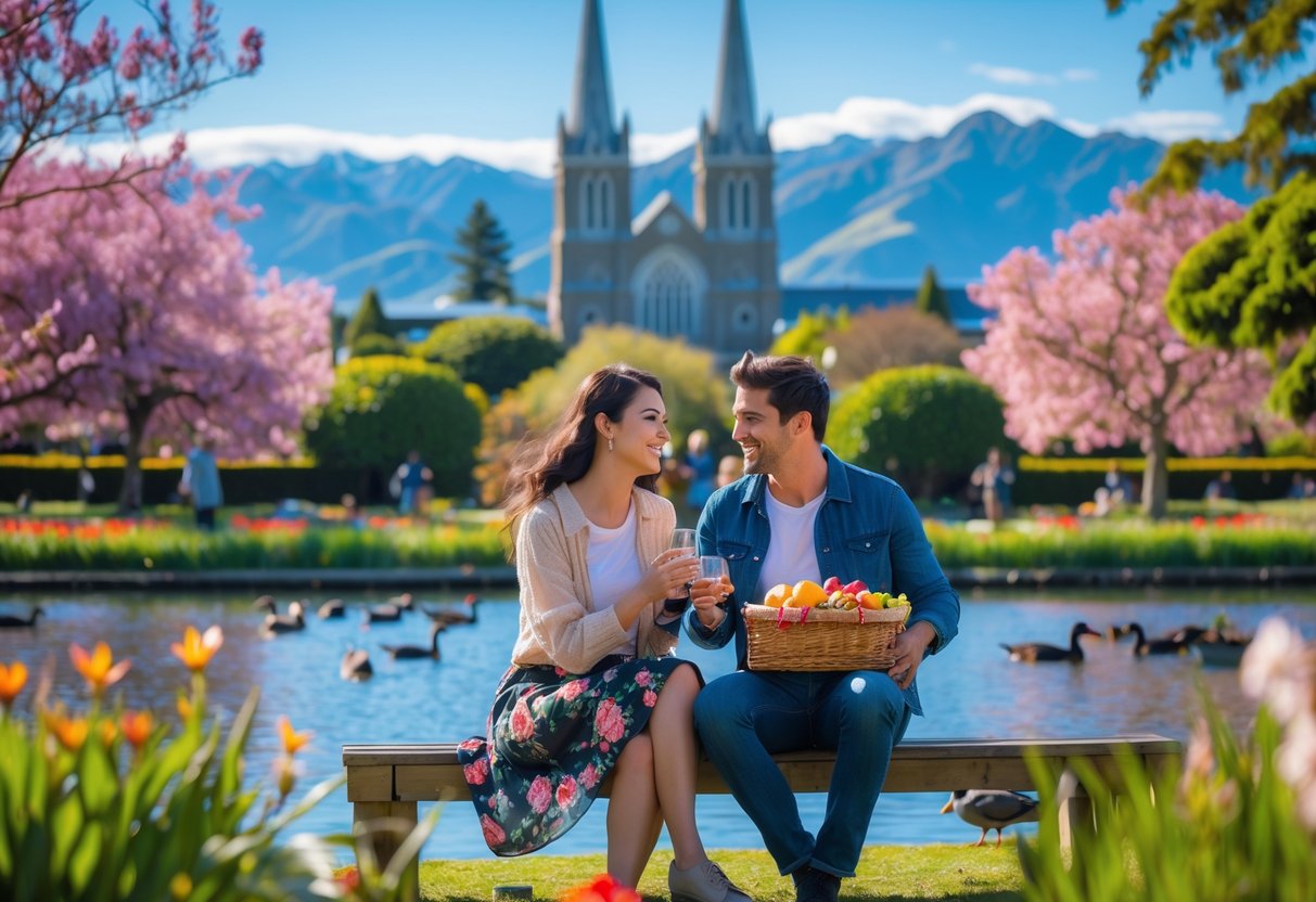 A young couple sitting on a bench near a pond in Christchurch Botanic Gardens, surrounded by flowers and greenery, with the Christchurch Cathedral and mountains in the background.