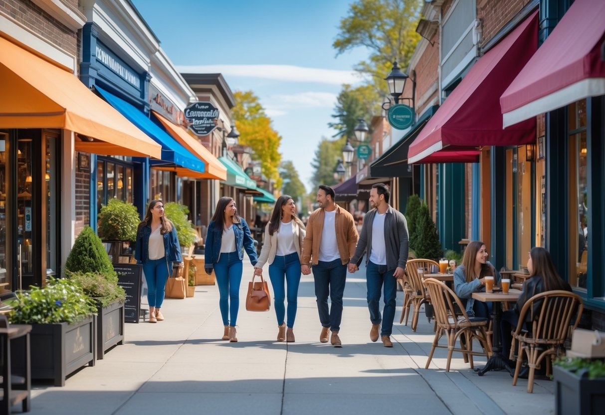Couples and friends enjoying a sunny day walking and sitting outside cafes and shops on a busy downtown street.