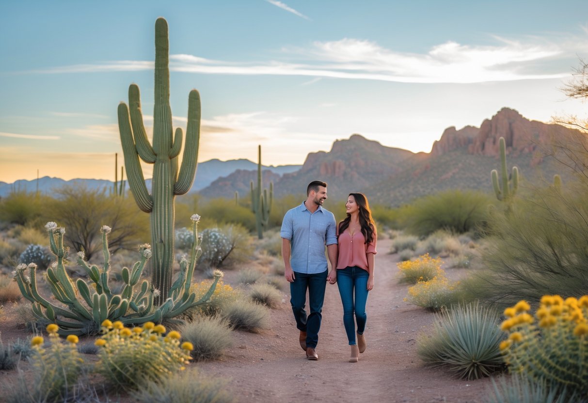 A couple walking hand-in-hand on a desert trail with cacti and mountains in the background during sunset.