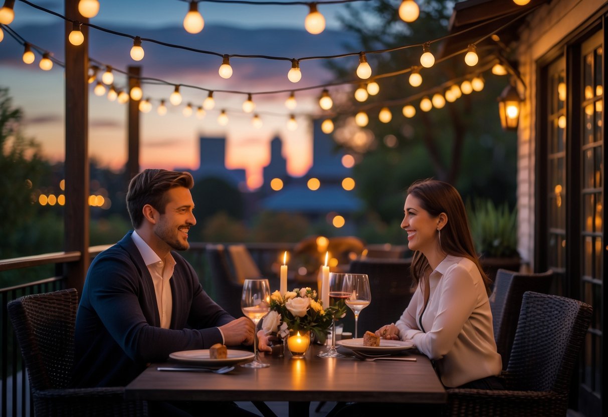 A couple enjoying a romantic outdoor dinner at dusk on a softly lit patio with string lights and candles.