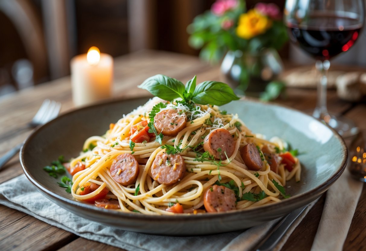 A plate of fennel sausage pasta dinner on a wooden table with a glass of red wine and candle in a restaurant setting.