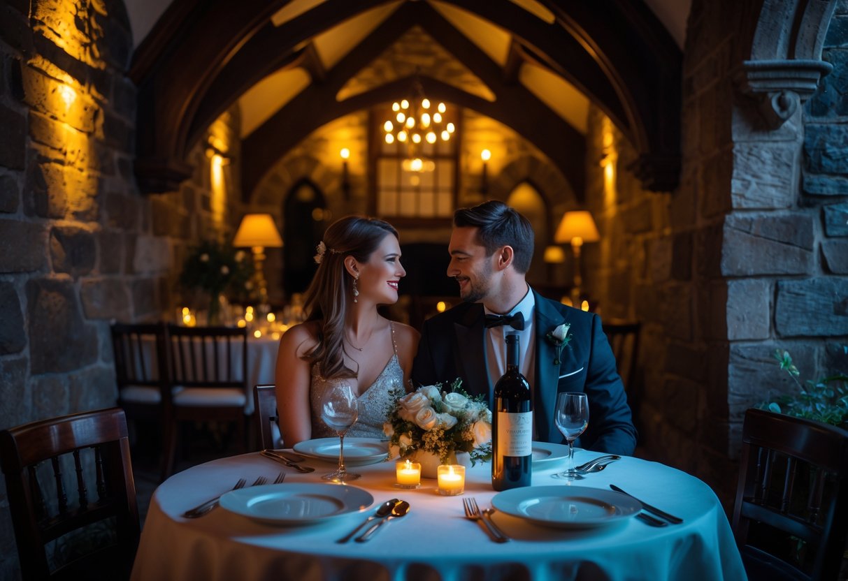 A couple enjoying a romantic candlelit dinner at an elegant table inside a historic stone building.
