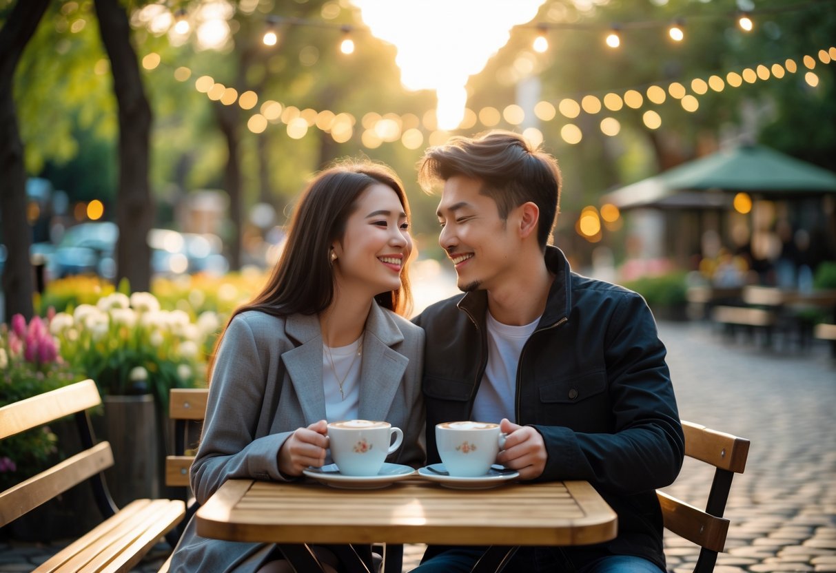A young couple sitting at an outdoor café table, sharing dessert and coffee, smiling warmly at each other in a park setting.