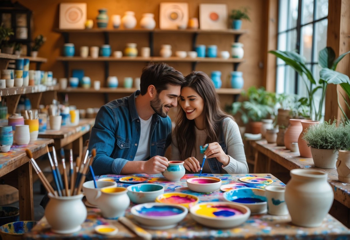 A young couple painting pottery together in a cozy studio filled with art supplies and pottery pieces.