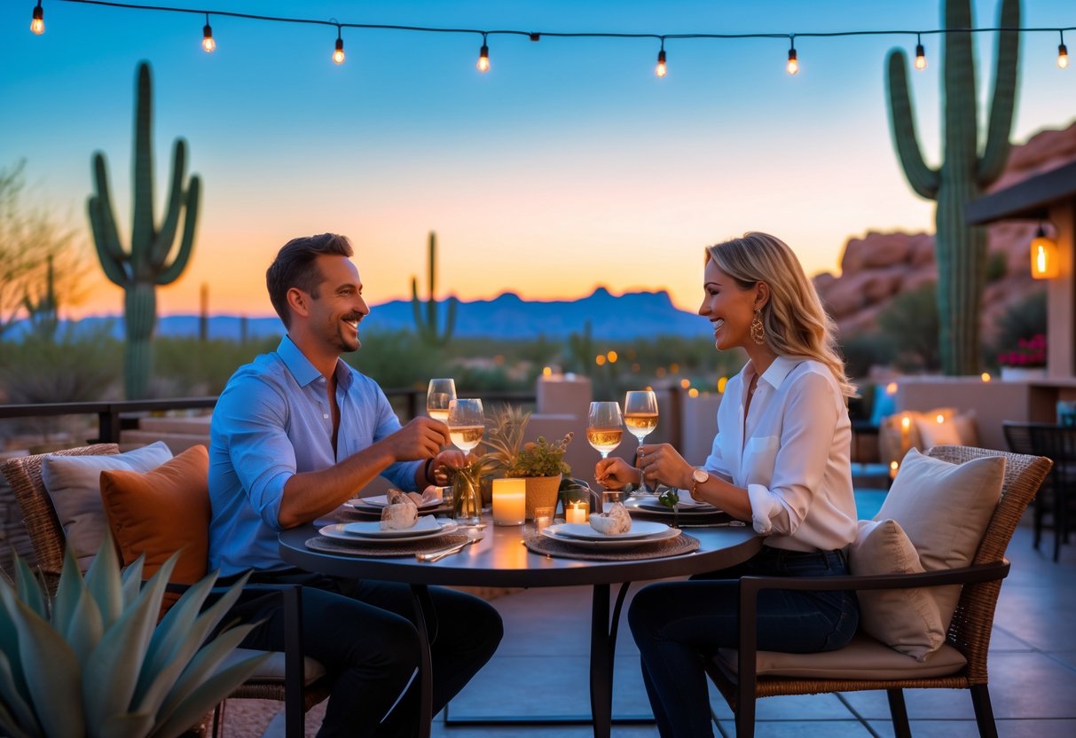 A couple enjoying a romantic outdoor dinner at sunset with desert cacti and red rock formations in the background.