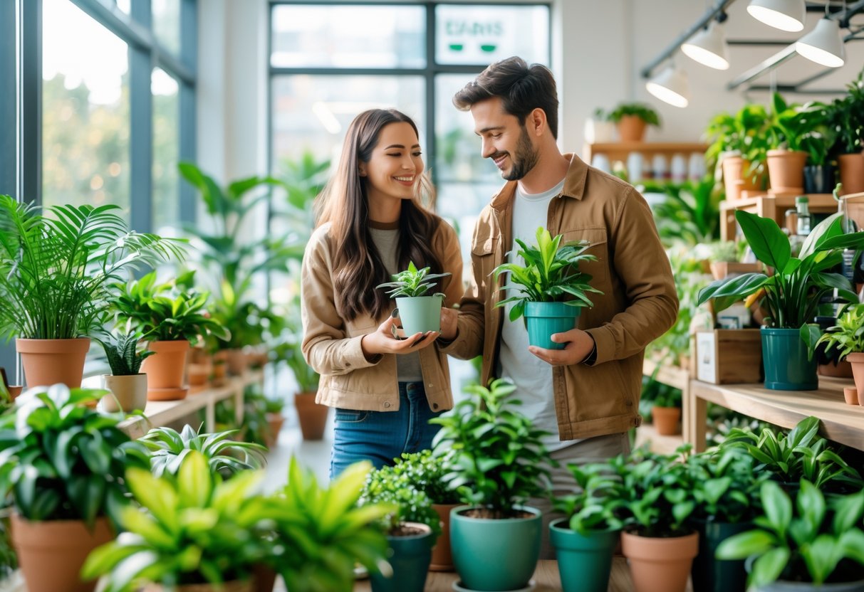 A young couple shopping for indoor plants together in a bright plant store filled with various green plants and gardening supplies.