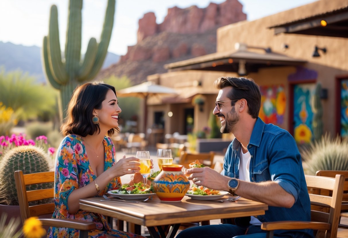 A couple enjoying a sunny outdoor meal at a café surrounded by desert plants and Southwestern architecture in Scottsdale.