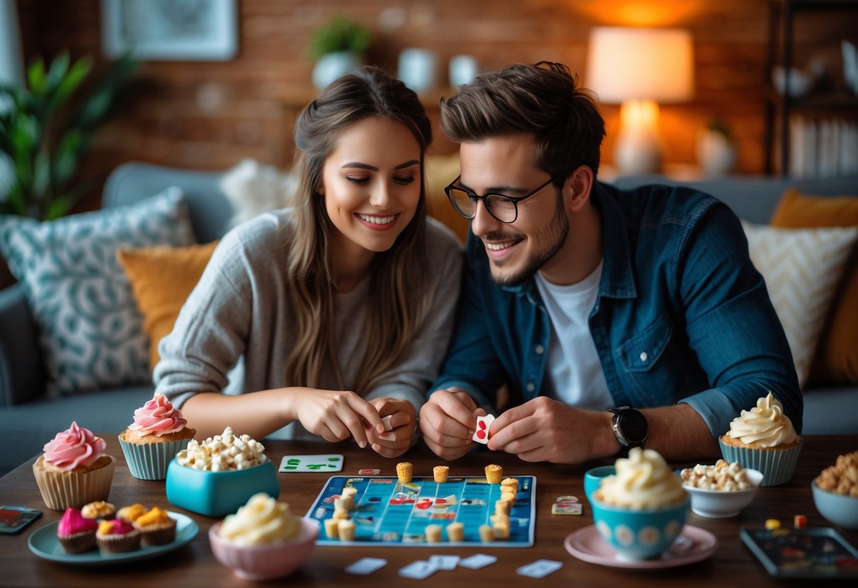 A young couple playing a board game at a table with themed snacks, smiling and enjoying their time together.