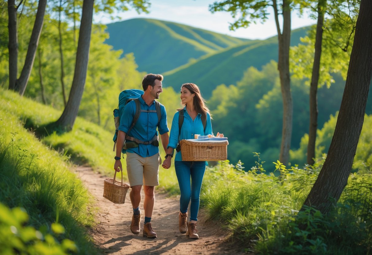 A young couple hiking on a forest trail carrying a picnic basket and blanket, surrounded by trees and hills under a clear sky.