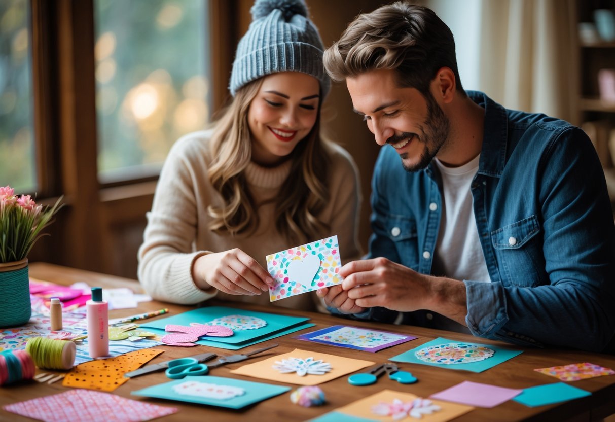 A couple sitting at a table making handmade cards for each other surrounded by craft supplies.