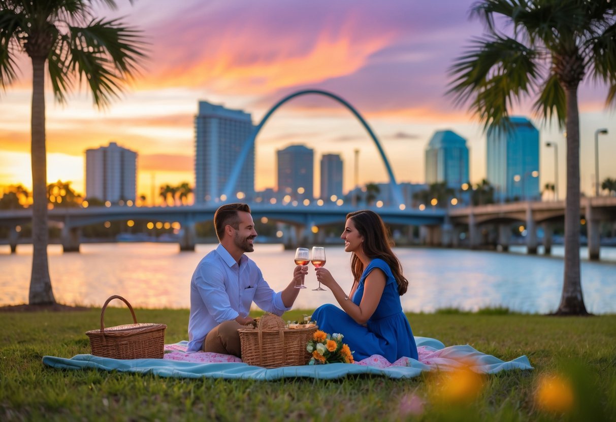 A couple enjoying a sunset picnic by the waterfront with the Tampa skyline and palm trees in the background.