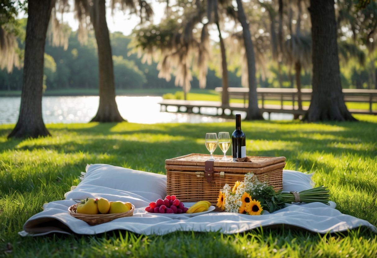 A couple enjoying a picnic on a blanket in a green park near a calm lake with trees and sunlight.