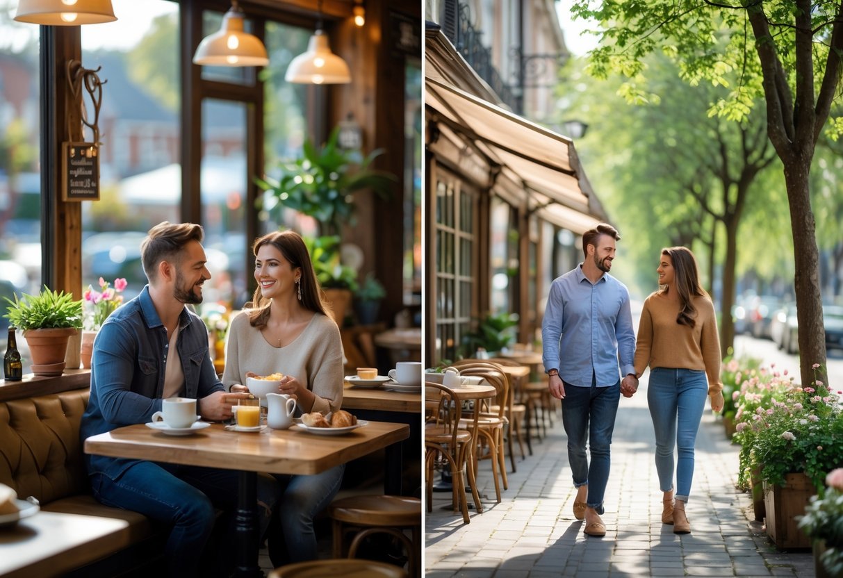 A couple enjoying breakfast at a cozy café and then taking a walk together outdoors.
