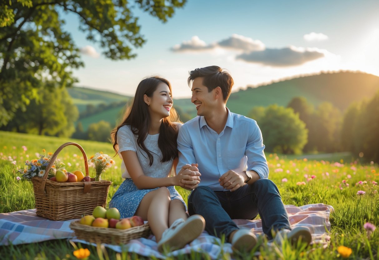 A young couple sitting on a picnic blanket in a park, smiling and holding hands surrounded by flowers and sunlight.