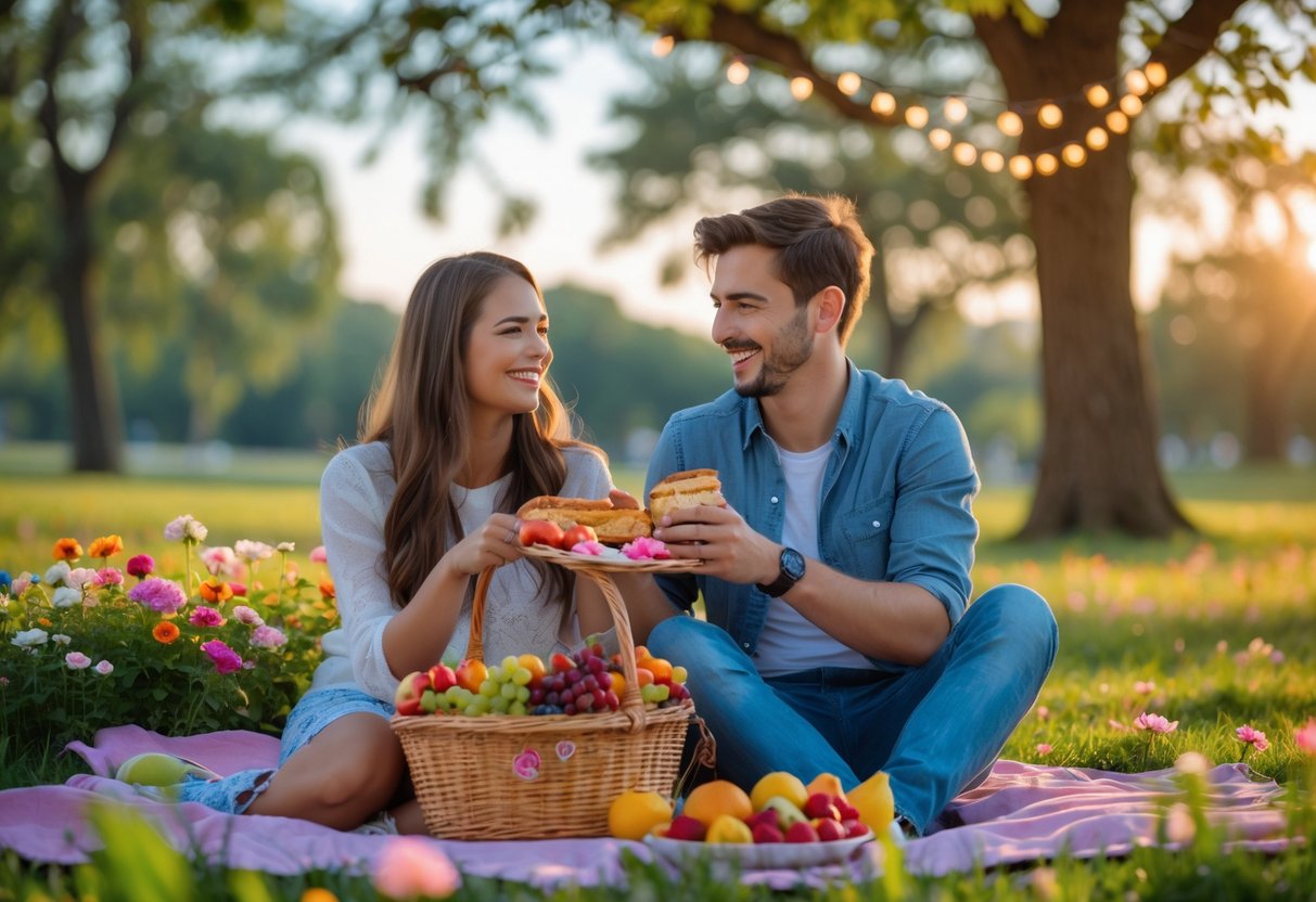 A young couple sitting on a picnic blanket in a park, smiling and enjoying a date surrounded by flowers and greenery.