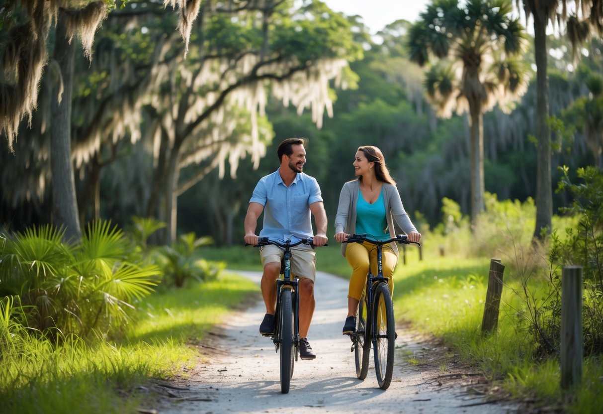 A couple riding bicycles on a forest trail surrounded by tall cypress trees and greenery.