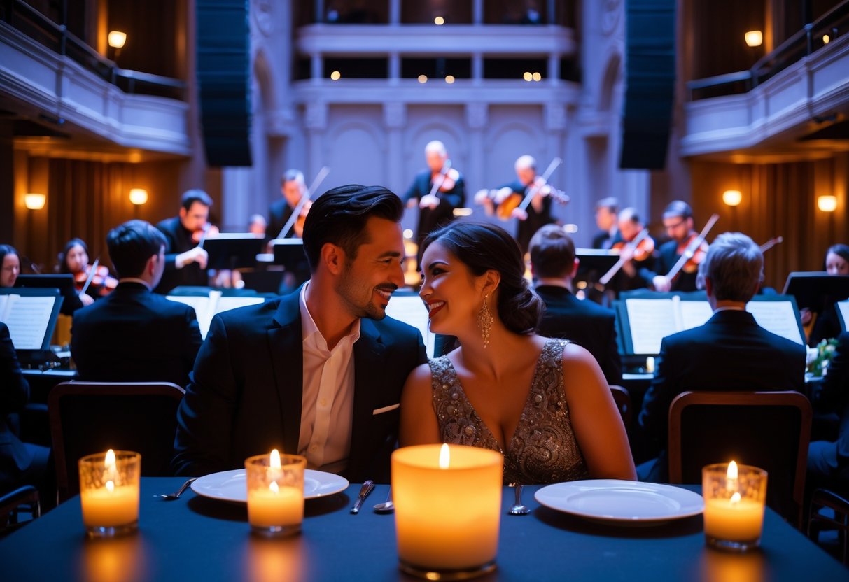 A couple enjoying a candlelight concert inside a concert hall with musicians playing on stage.