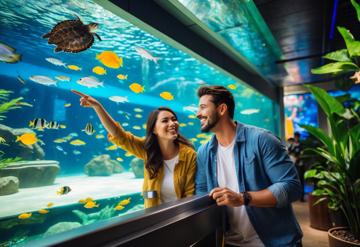 A happy couple looking at colorful fish and sea turtles inside a large aquarium tank.