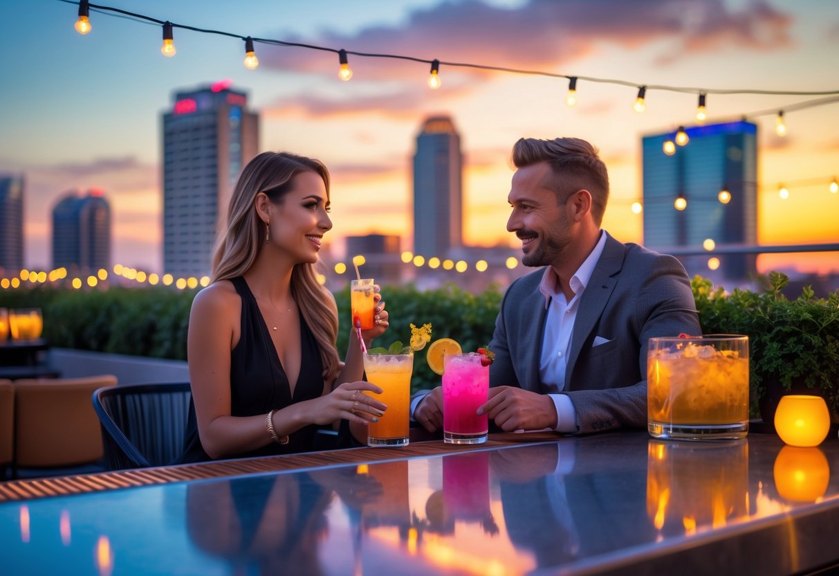 A couple enjoying cocktails together at a rooftop bar overlooking a city skyline at sunset.