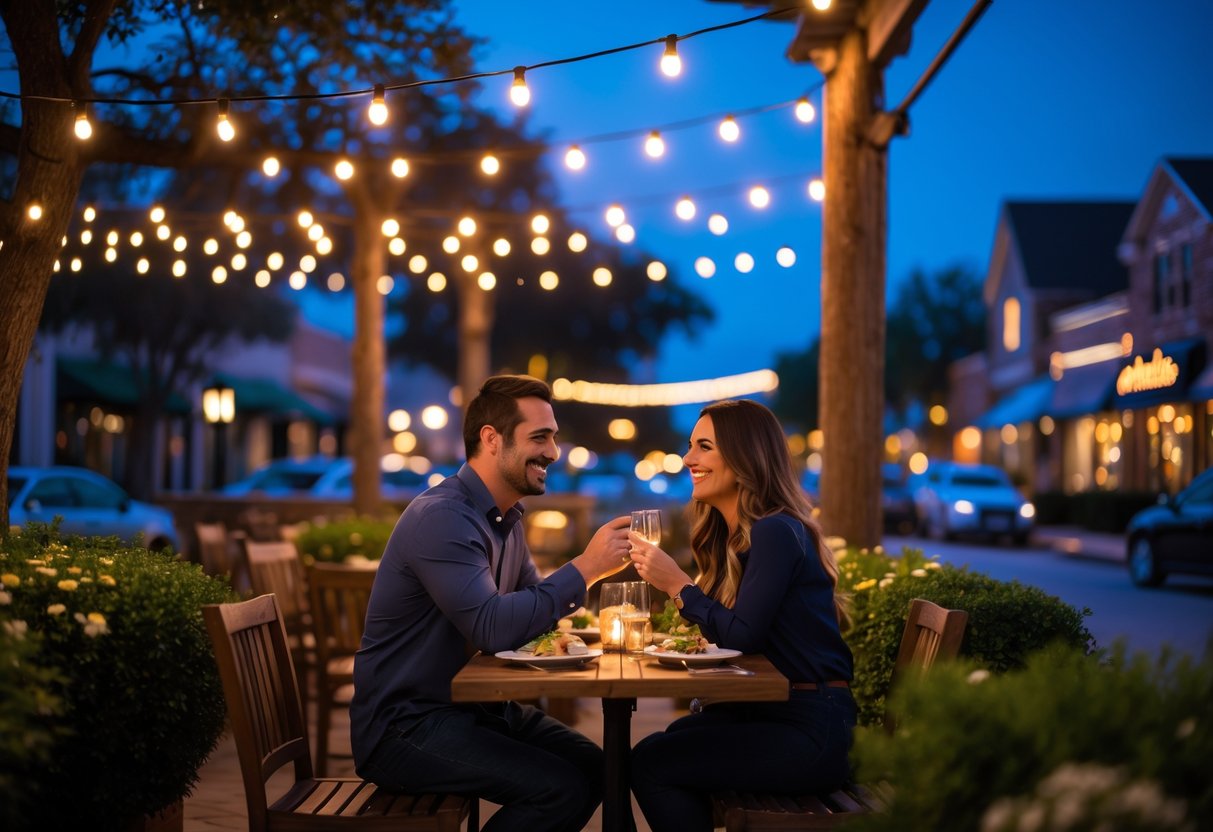 A couple enjoying a romantic dinner outdoors at a restaurant patio in Cypress, Texas during twilight.