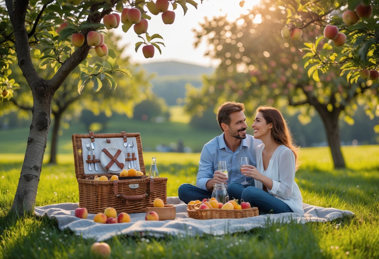 A couple enjoying a picnic under apple trees in a sunlit park.