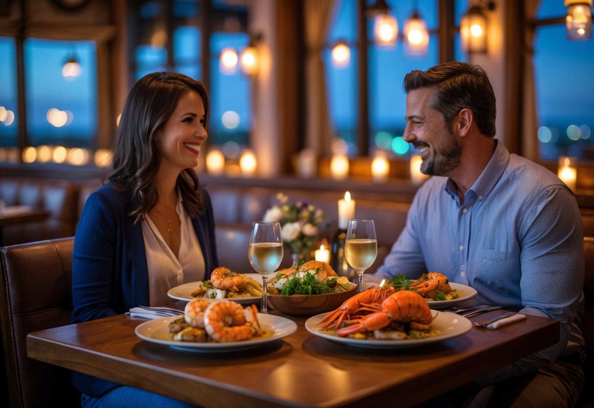A couple enjoying a romantic seafood dinner at a warmly lit restaurant table with candles and wine.