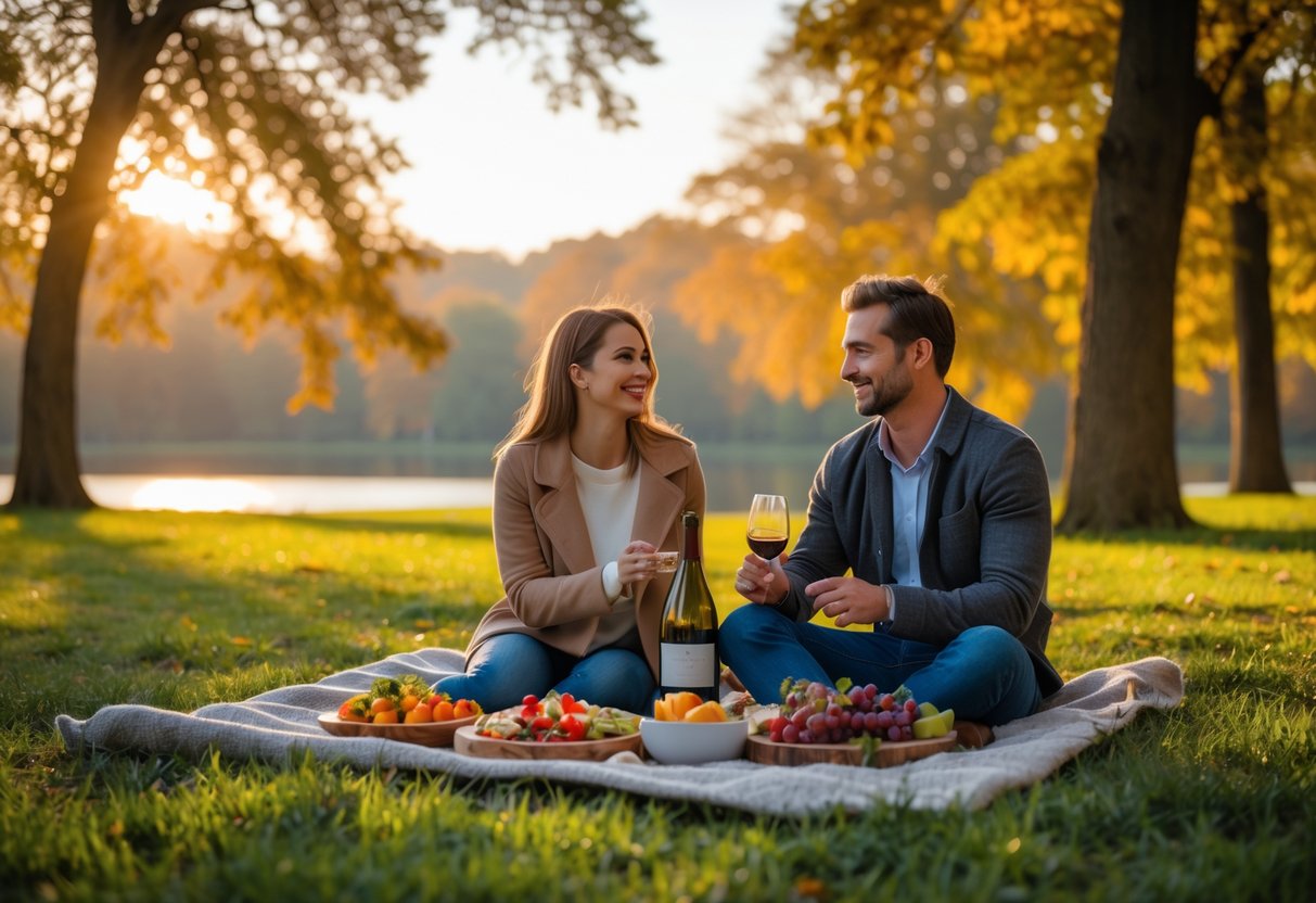 A couple enjoying a picnic together in a park with trees and a lake in the background.