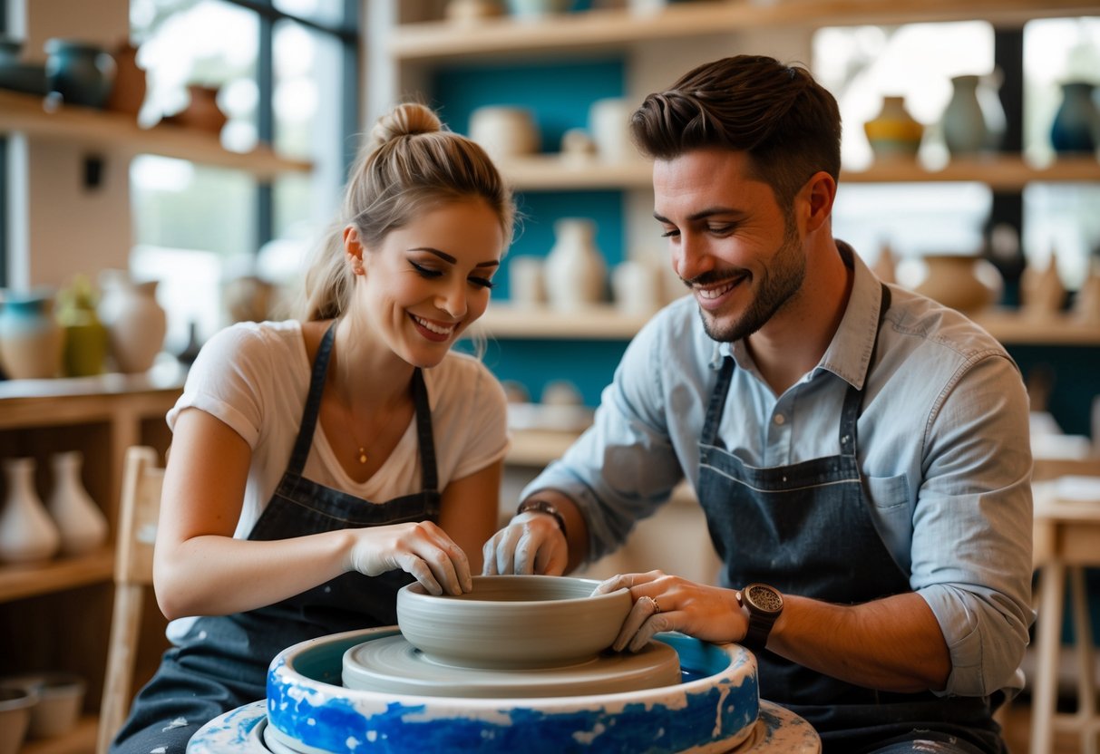 A young couple shaping clay together on a pottery wheel inside a bright pottery studio.