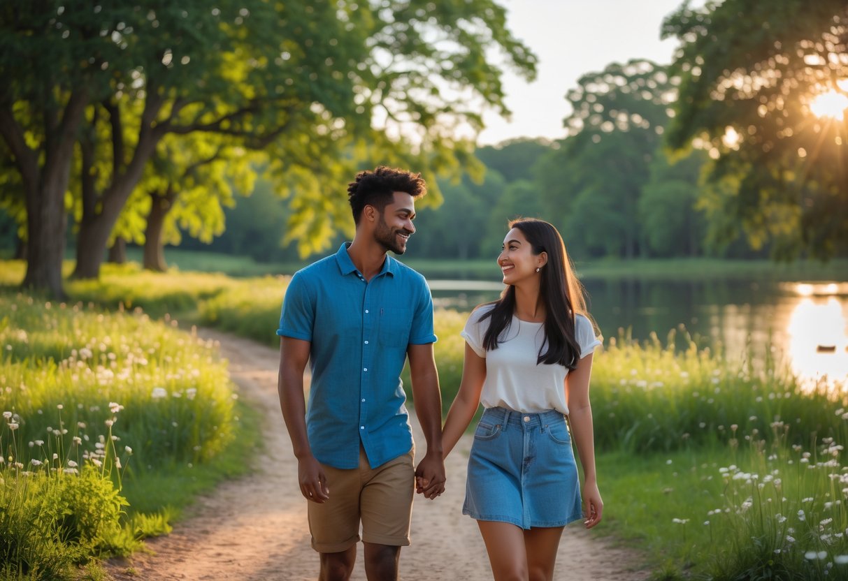 A young couple walking hand in hand along a forest path near a lake, smiling at each other.