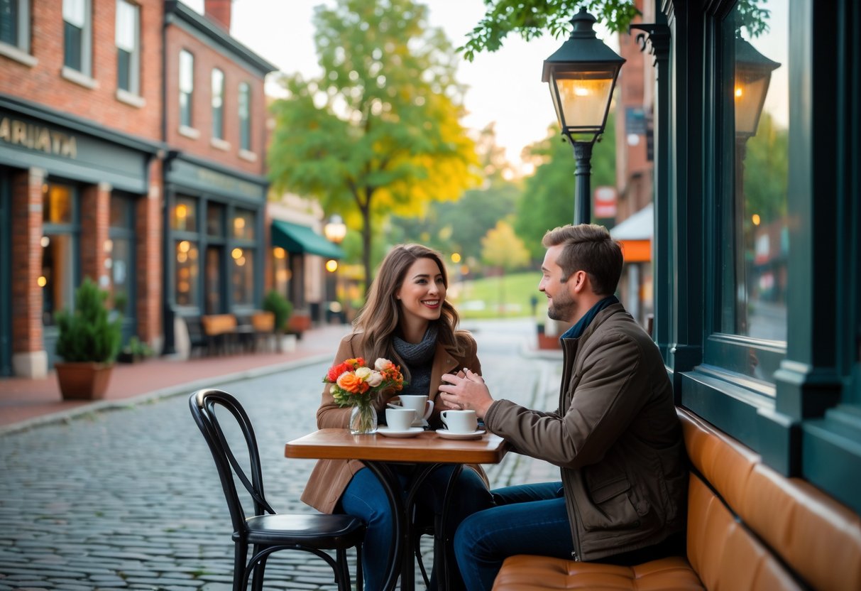 A young couple sitting at an outdoor café table in a historic town center, enjoying a date with coffee and flowers nearby.