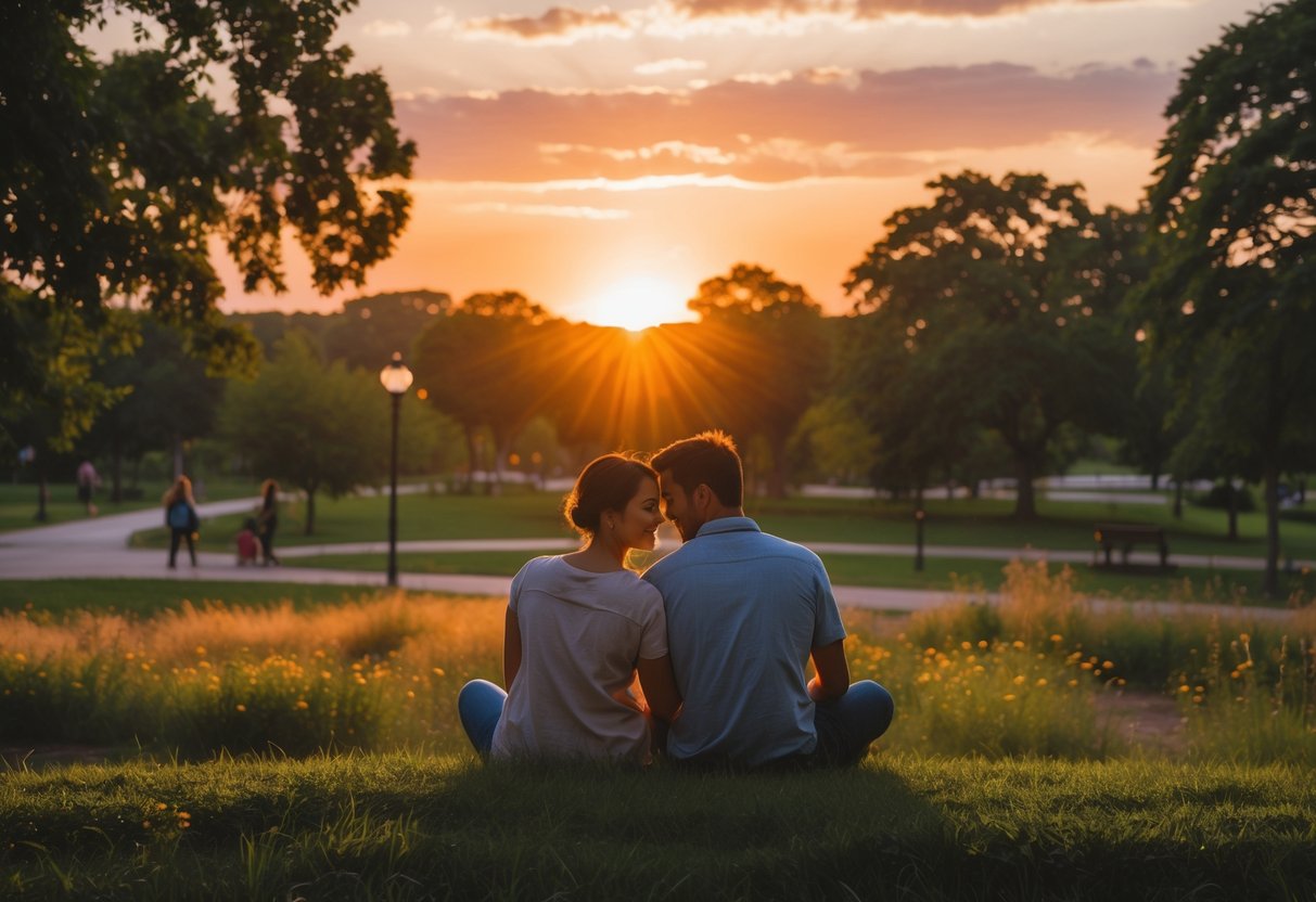 A couple sitting together on a bench in a park watching the sunset with colorful sky and trees around them.