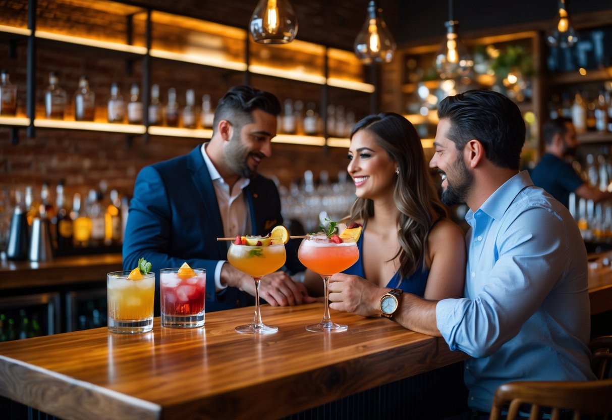 A couple enjoying craft cocktails together at a cozy bar with warm lighting and elegant decor.