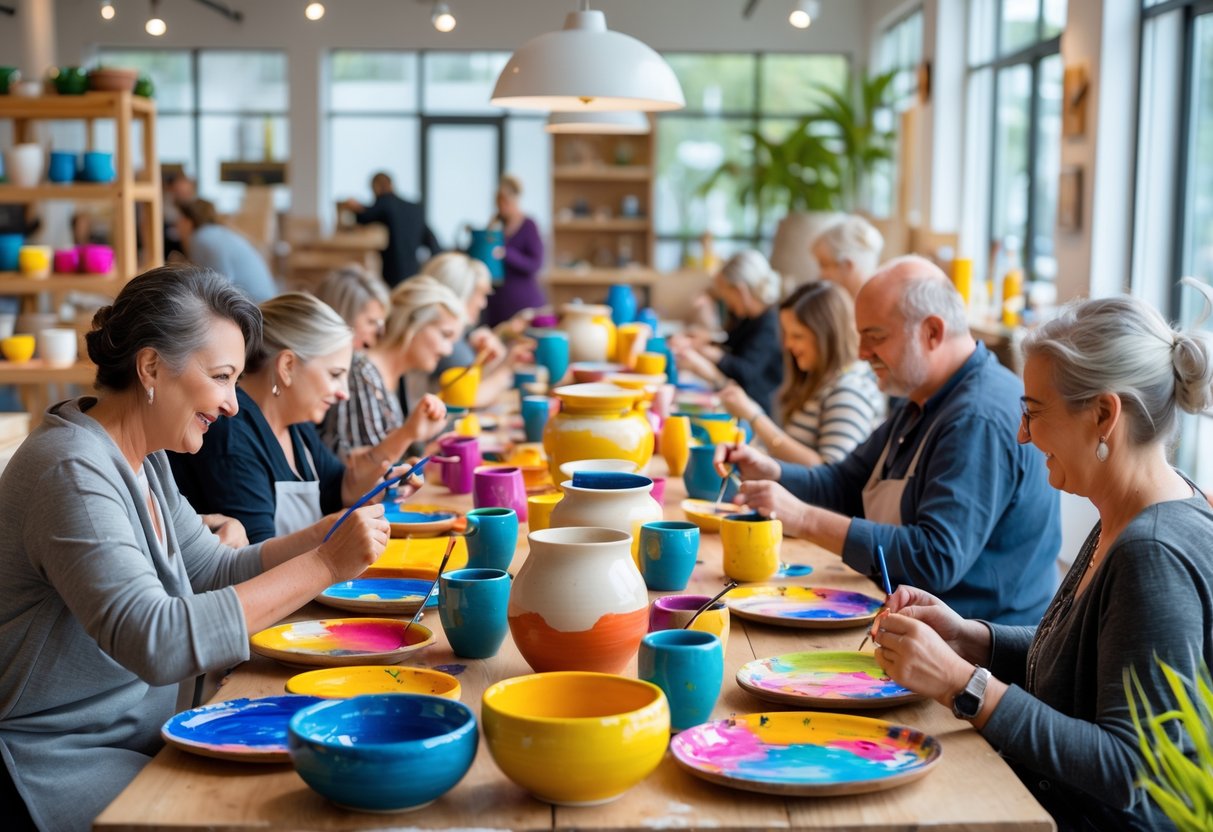 People painting pottery together in a bright art studio with tables full of ceramic items and painting supplies.