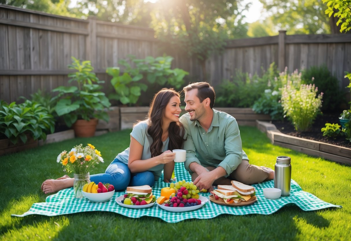 Two people enjoying a homemade picnic on a blanket in a sunny backyard surrounded by plants.