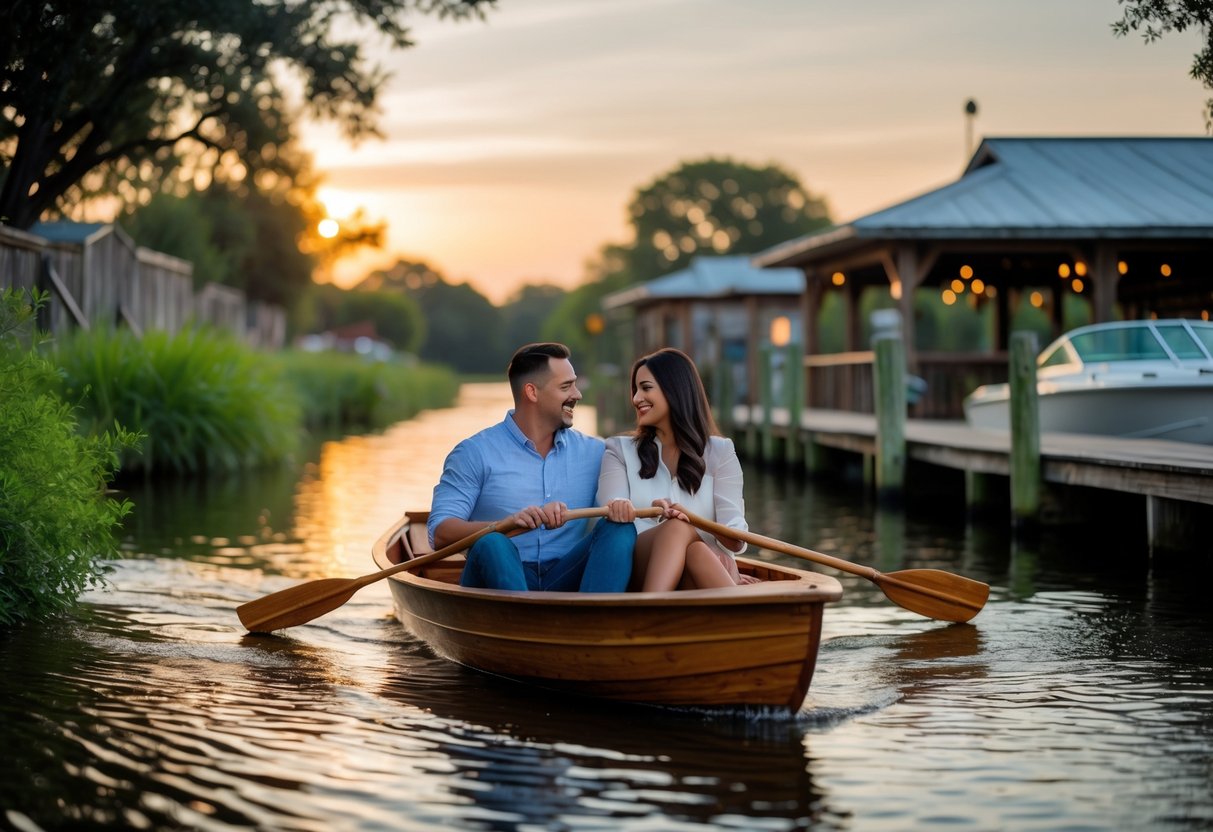 A couple enjoying a peaceful boat ride near a wooden boat house surrounded by trees at sunset.