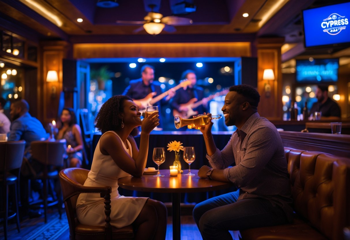 A couple enjoying live jazz music at a cozy club with warm lighting and a small band performing on stage.