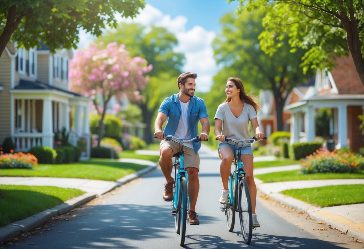 A young couple riding bikes together on a sunny, tree-lined neighborhood street.