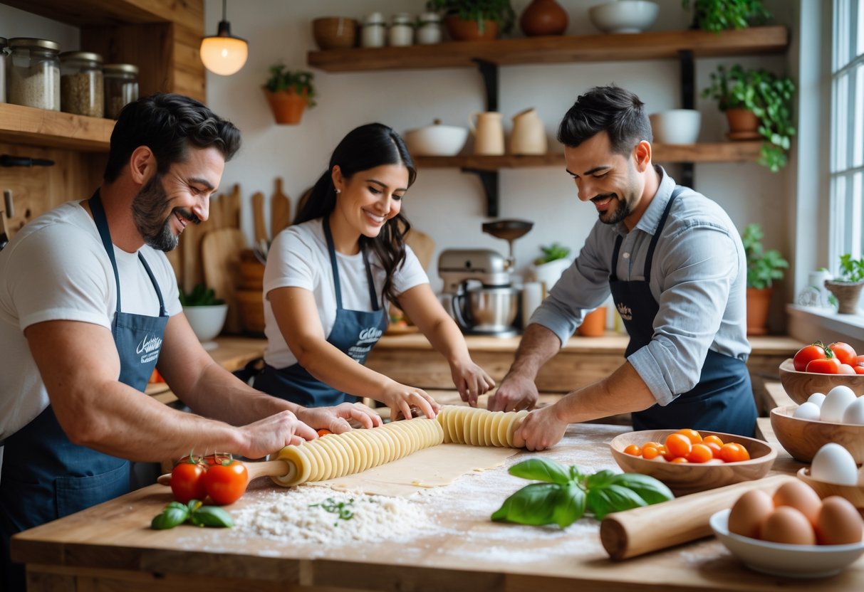 A couple making fresh pasta together in a cozy kitchen with wooden countertops and cooking ingredients.