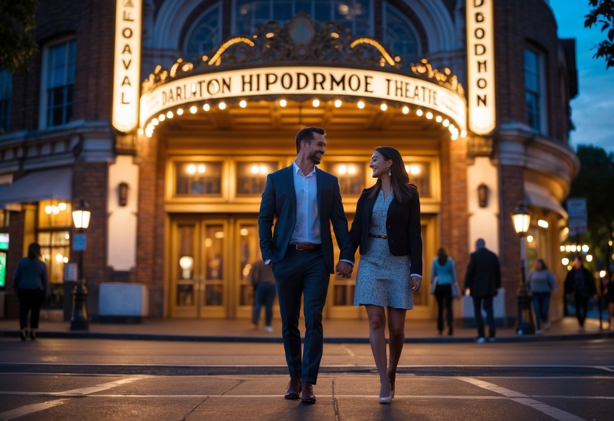 A couple walking hand in hand outside the Darlington Hippodrome theater in the evening, surrounded by warm lights and a lively street scene.
