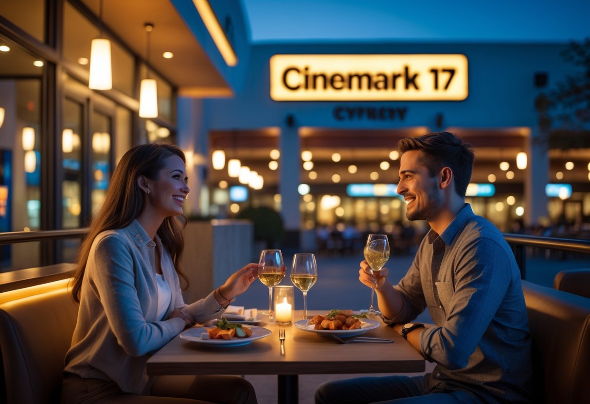 A couple enjoying dinner together near the entrance of a movie theater, smiling and talking in a warm, inviting setting.