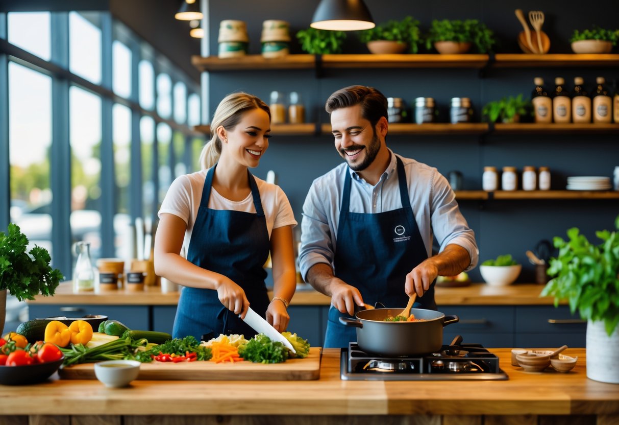A couple cooking together in a bright kitchen at Central Market, preparing food and smiling during a cooking class.