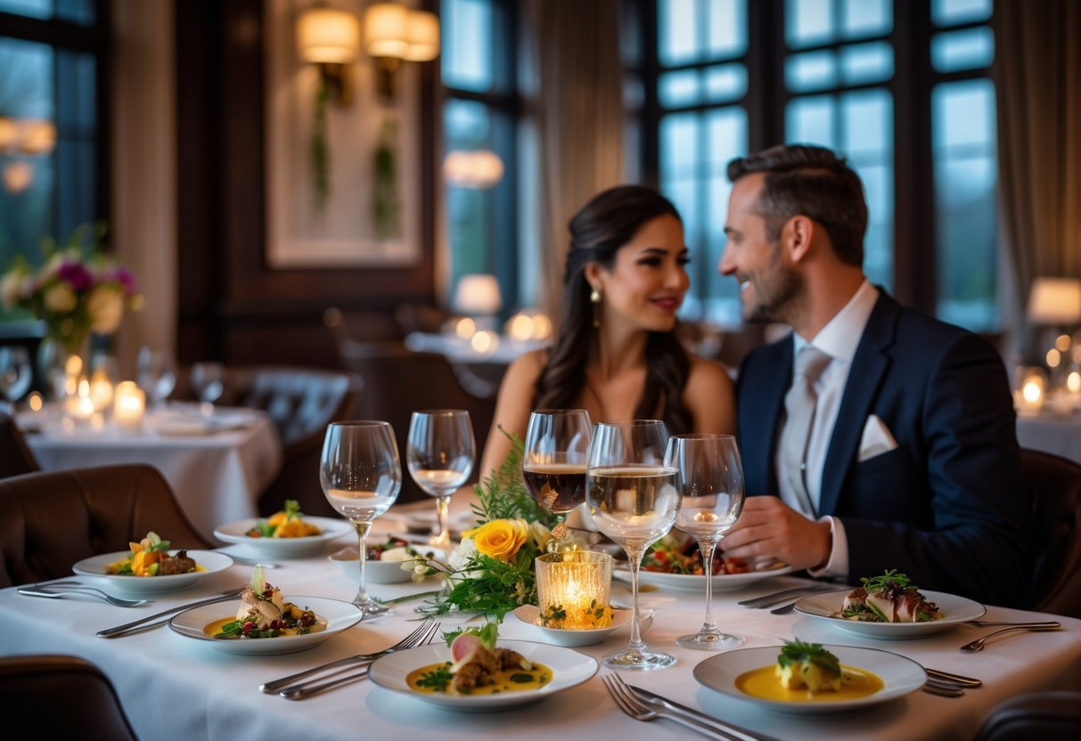 A couple enjoying a multi-course dinner at a beautifully set table in an elegant restaurant.
