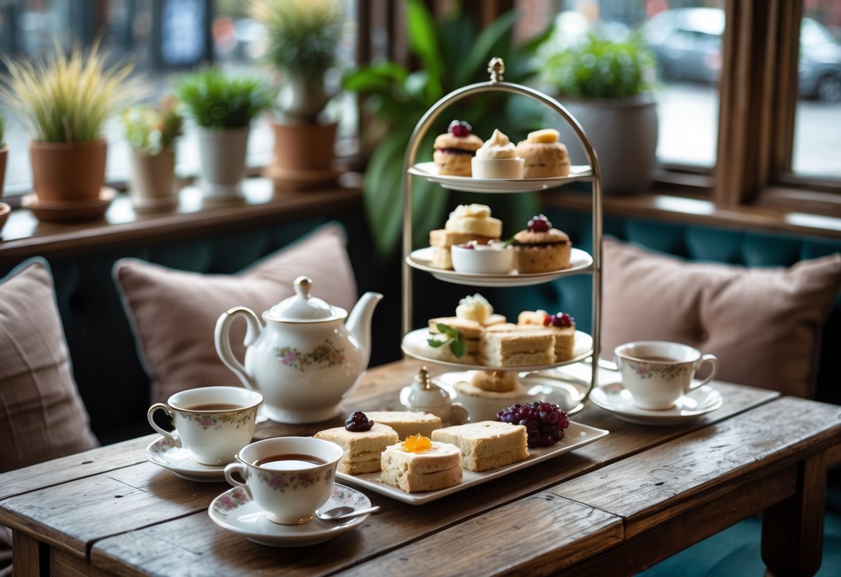 A cozy café table set with afternoon tea including a teapot, cups, sandwiches, scones, and pastries near a window with natural light.