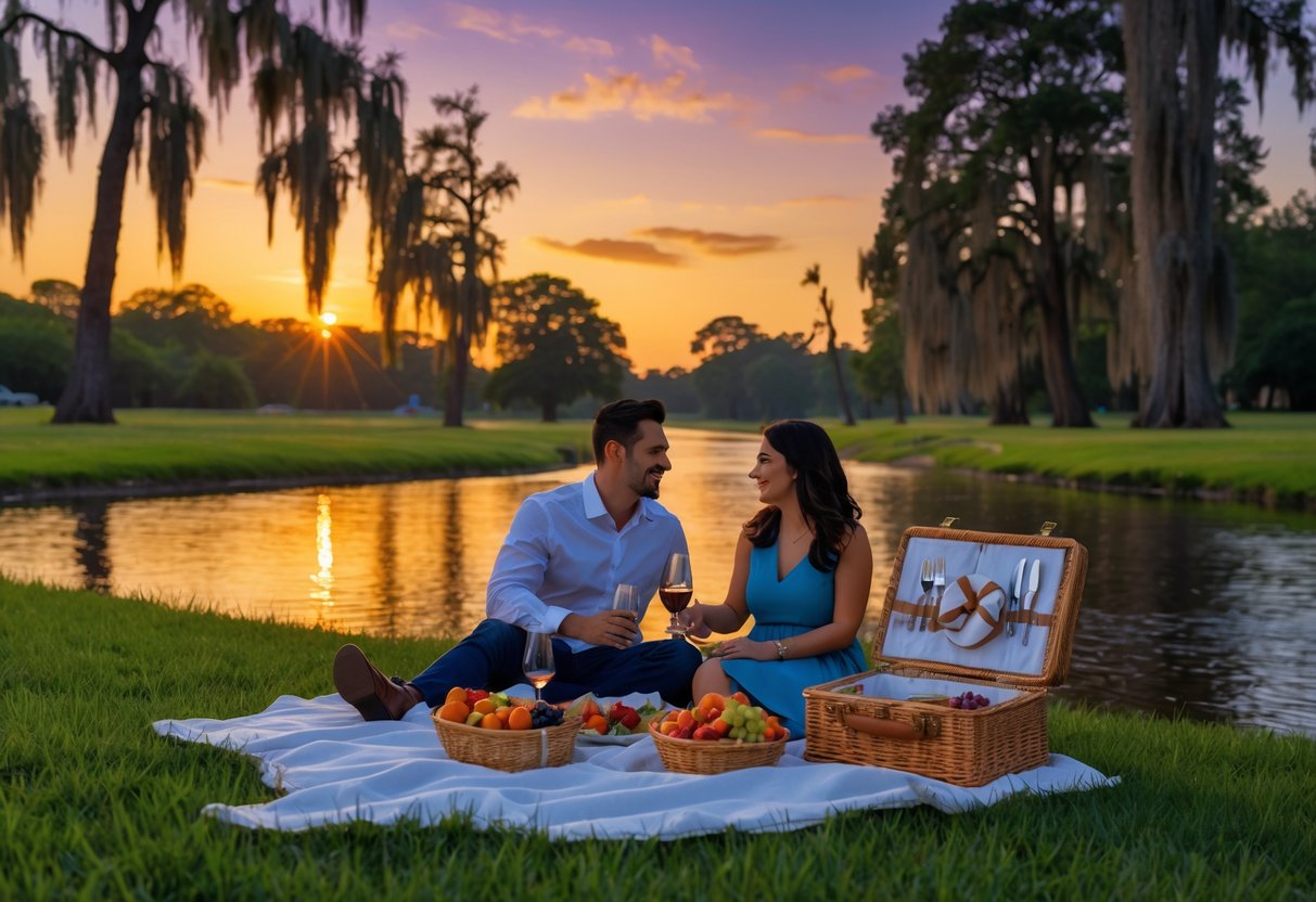 A couple enjoying a sunset picnic near a creek surrounded by tall cypress trees in a park.