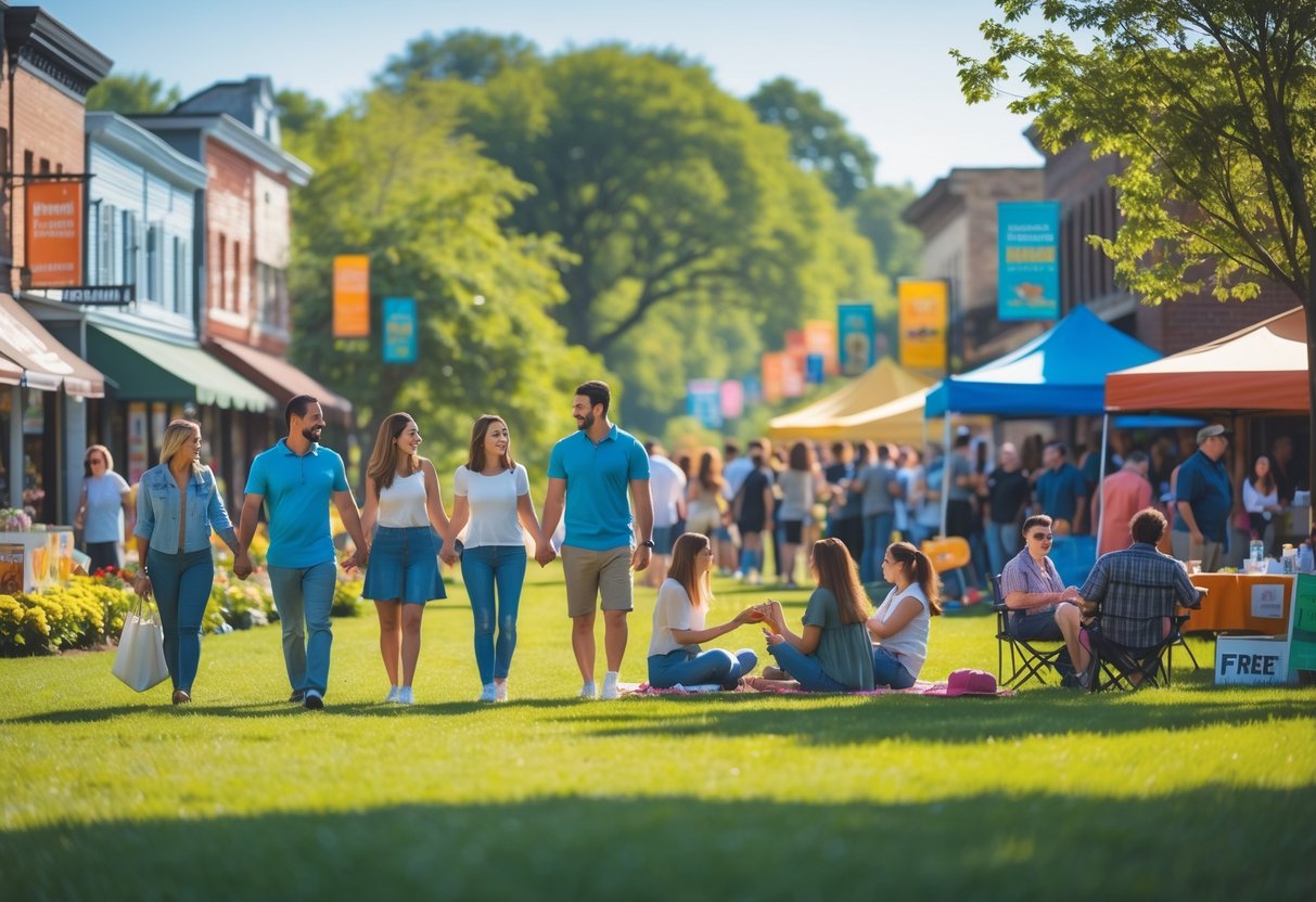 Couples and friends enjoying a sunny day at a small-town park with picnics, walking, and outdoor performances.