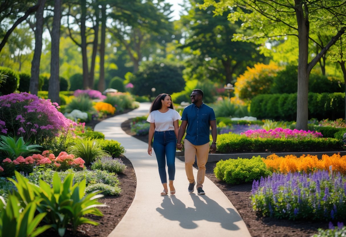 A couple walking hand-in-hand along a garden path surrounded by flowers and trees in a botanical garden.