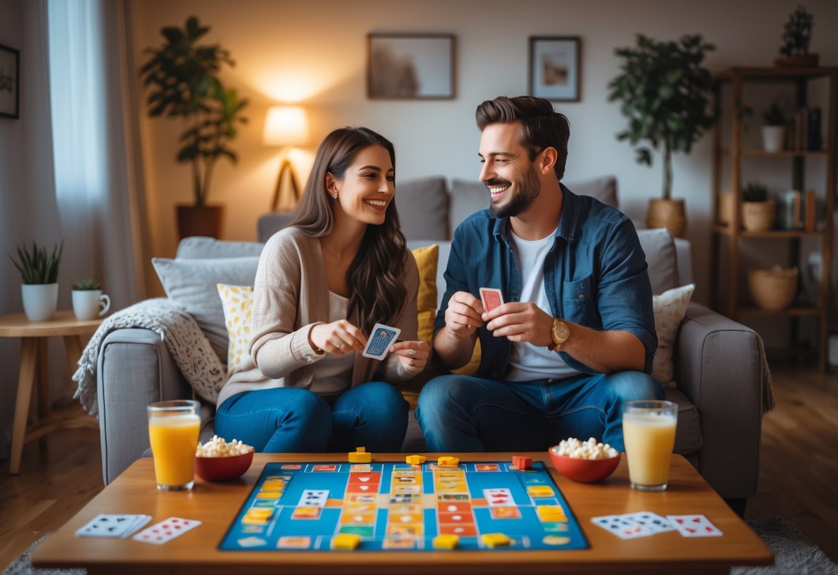 A couple sitting at a coffee table playing board games and cards together in a cozy living room.