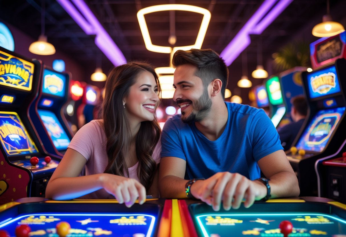 A young couple playing arcade games together in a lively indoor arcade filled with colorful machines and bright lights.